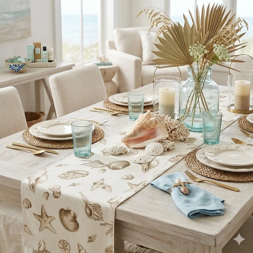 Pottery Barn Seashell Table Runner Coastal Beach Linen Blend 18x90 Tan Cream